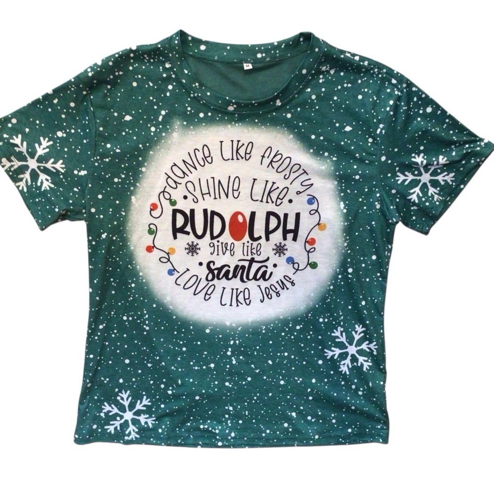NWOT Christmas Graphic T-Shirt Green Snowflake Rudolph Frosty Santa Jesus Size M - Picture 4 of 8